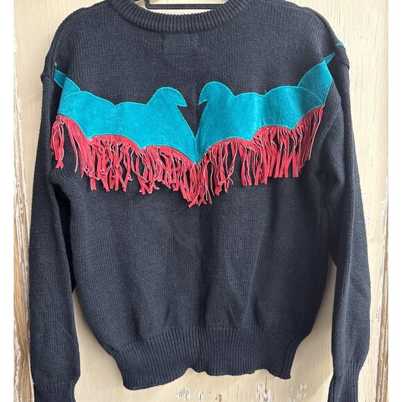 Vintage Pioneer Wear Black Sweater With Red & Teal Suede Western Fringe Medium - Picture 4 of 4